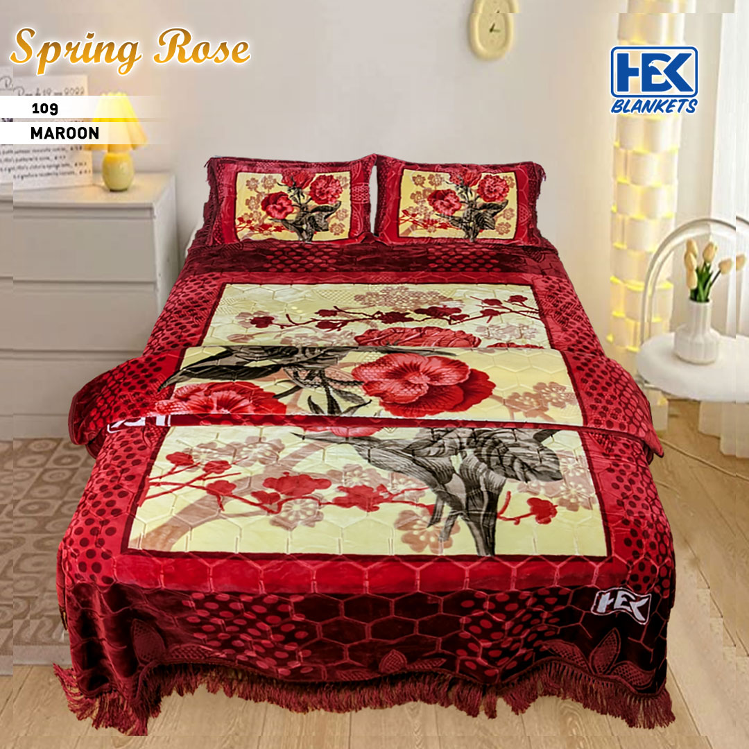 Spring Rose Embossed 4 Pcs Bed Cover Set With 2 Ply Blanket HBK